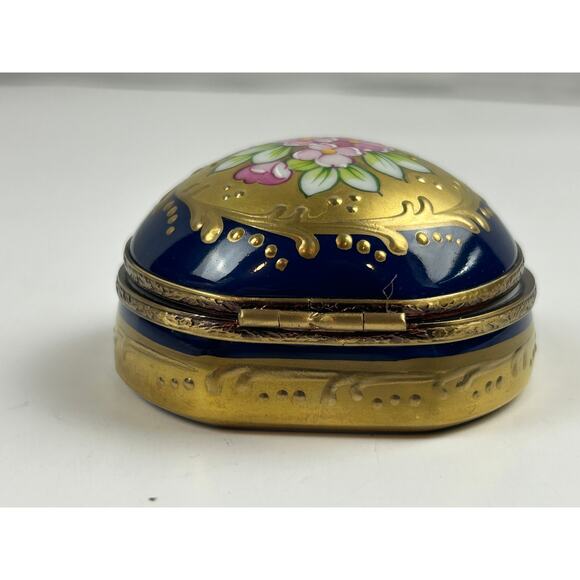 Rochard Limoges France Round Trinket Box Hand Painted Floral Cobalt Gold - Picture 5 of 10